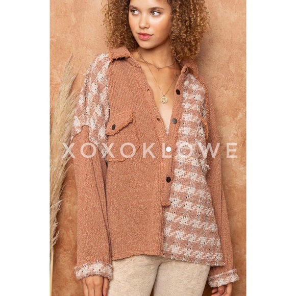 POL Half Button Houndstooth Patchwork Pullover Top Oversized - Picture 8 of 12